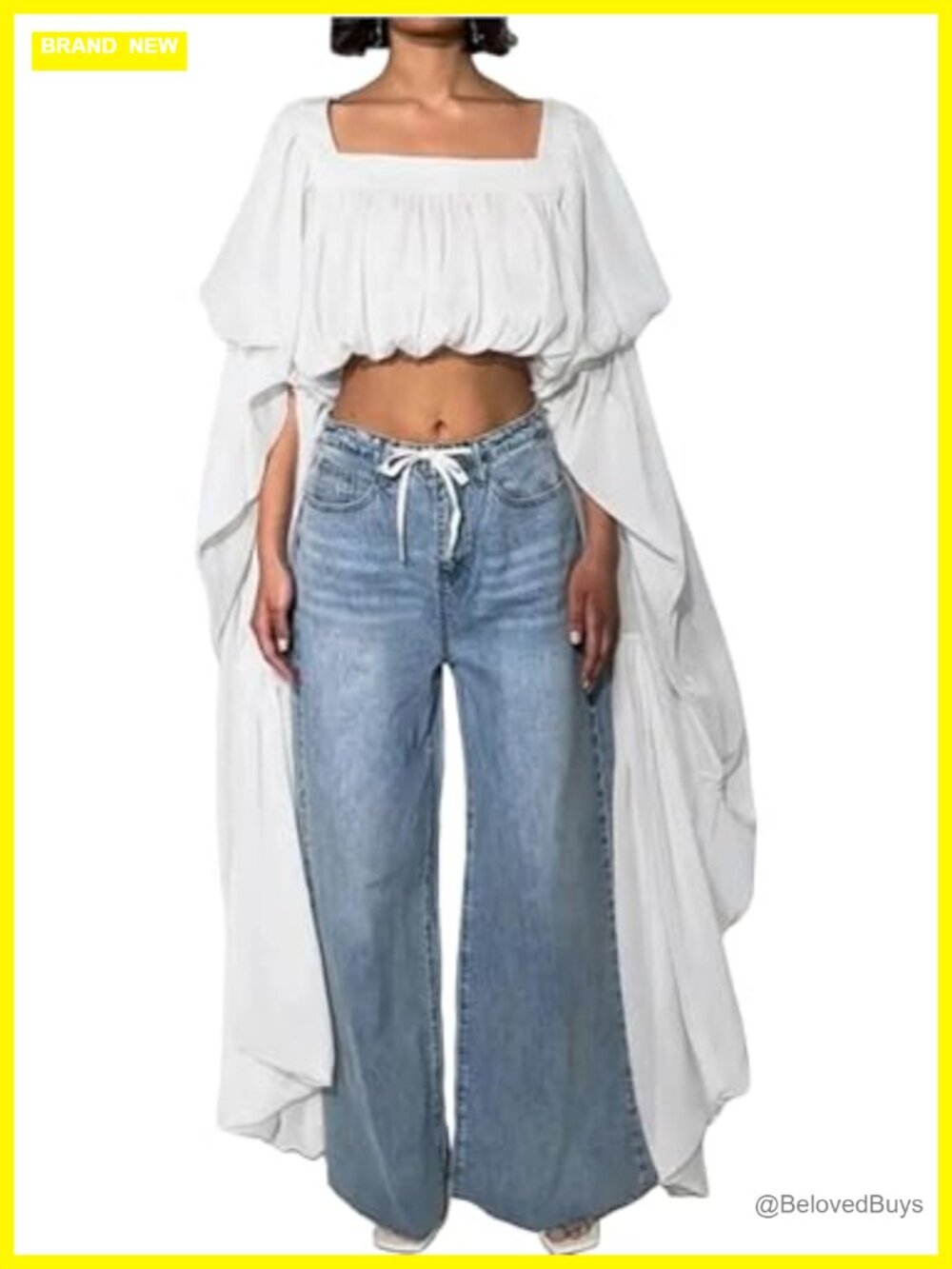 Women Chiffon Crop Blouse Ruffle Bell Sleeve Square Neck Backless Top